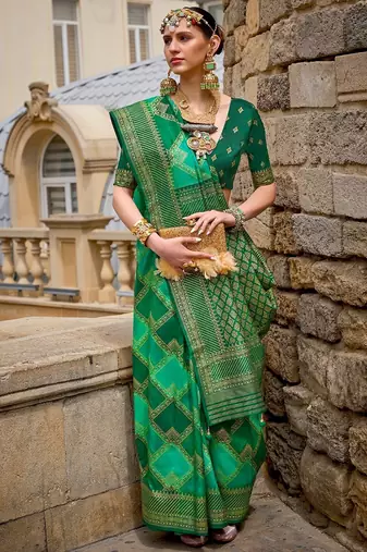 Green Woven Jari Designer, Digital Printed V P Silk Free Size Partywear Saree Saree