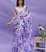 Purple Designer Printed,Sequance Work  Chinon Free Size Partywear Saree Saree