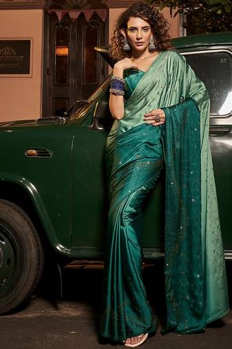 Green Pedding Color,Heavy Swarovski Work Satin Georgette Free Size Partywear Saree Saree