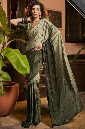 Pista Pedding Color,Heavy Swarovski Work Satin Georgette Free Size Partywear Saree Saree