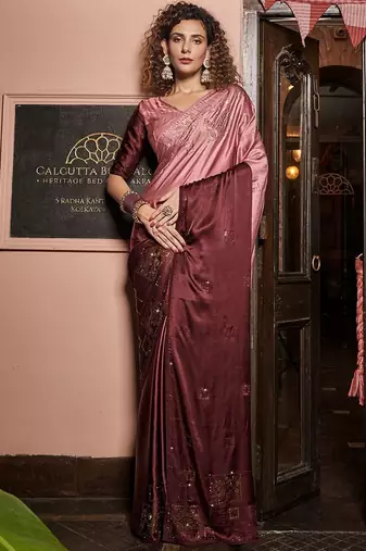 Pink Pedding Color,Heavy Swarovski Work Satin Georgette Free Size Partywear Saree Saree