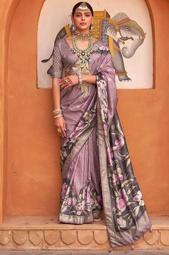 Purple Woven Designer,Floral Printed V P Silk Free Size Partywear Saree Saree