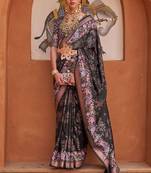 Black Woven Designer,Floral Printed V P Silk Free Size Partywear Saree Saree