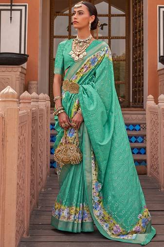 Sea Green Woven Designer,Floral Printed V P Silk Free Size Partywear Saree Saree
