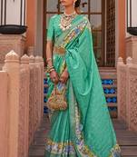 Sea Green Woven Designer,Floral Printed V P Silk Free Size Partywear Saree Saree