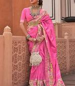 Pink Woven Designer,Floral Printed V P Silk Free Size Partywear Saree Saree
