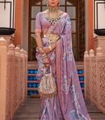 Lavender Woven Designer,Floral Printed V P Silk Free Size Partywear Saree Saree