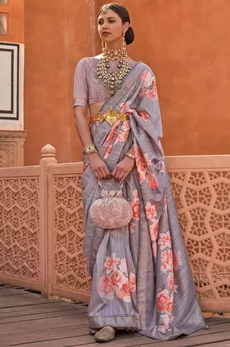 Grey Woven Designer,Floral Printed V P Silk Free Size Partywear Saree Saree