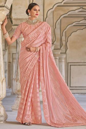 Pink Woven Designer,Embroidery,Moti Work Fancy Fab. Free Size Partywear Saree Saree