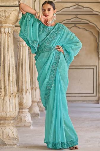 Turquoise Woven Designer,Embroidery,Moti Work Fancy Fab. Free Size Partywear Saree Saree