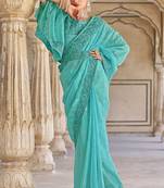 Turquoise Woven Designer,Embroidery,Moti Work Fancy Fab. Free Size Partywear Saree Saree