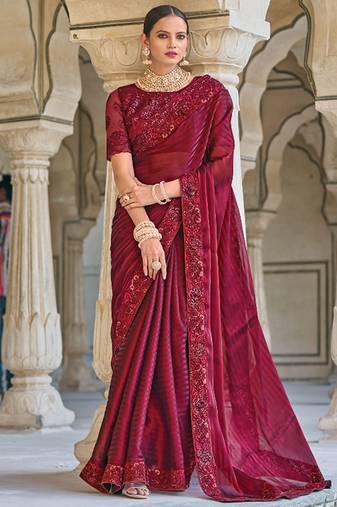 Maroon Woven Designer,Embroidery,Moti Work Fancy Fab. Free Size Partywear Saree Saree