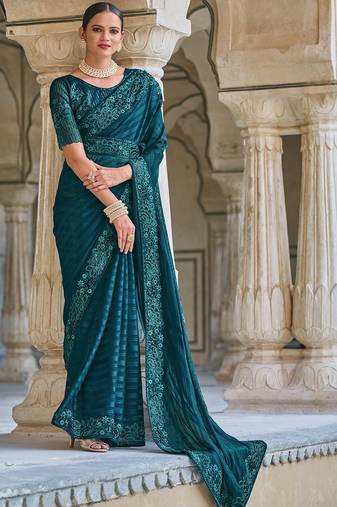 Rama Woven Designer,Embroidery,Moti Work Fancy Fab. Free Size Partywear Saree Saree