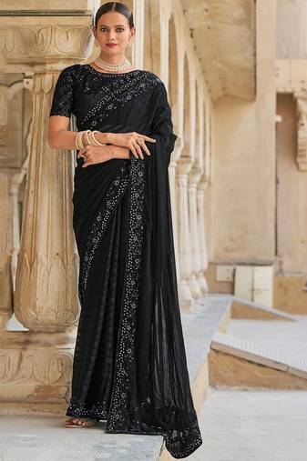 Black Woven Designer,Embroidery,Moti Work Fancy Fab. Free Size Partywear Saree Saree