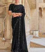 Black Woven Designer,Embroidery,Moti Work Fancy Fab. Free Size Partywear Saree Saree