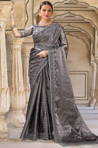 Grey Woven Designer,Embroidery,Moti Work Fancy Fab. Free Size Partywear Saree Saree