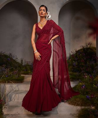 Lydia maroon pre-draped lehenga saree 1