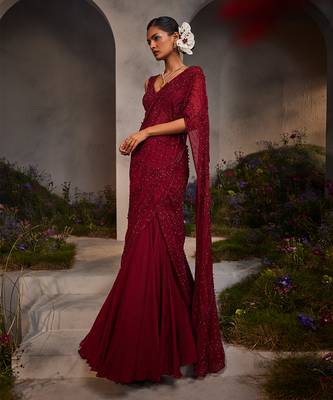 Lydia maroon pre-draped lehenga saree 2