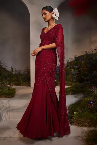 Lydia maroon pre-draped lehenga saree