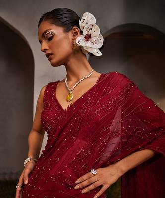 Lydia maroon pre-draped lehenga saree 3