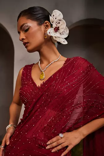Lydia maroon pre-draped lehenga saree