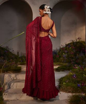 Lydia maroon pre-draped lehenga saree 4
