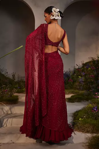 Lydia maroon pre-draped lehenga saree