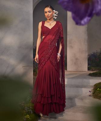 Leila maroon pre-draped lehenga saree 1