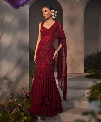 Leila maroon pre-draped lehenga saree 2