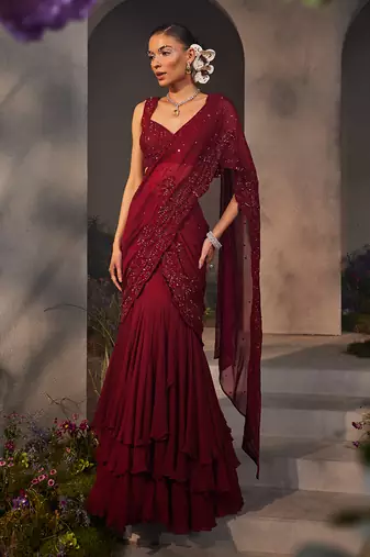 Leila maroon pre-draped lehenga saree