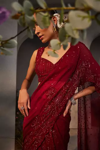 Leila maroon pre-draped lehenga saree