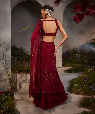 Leila maroon pre-draped lehenga saree 4