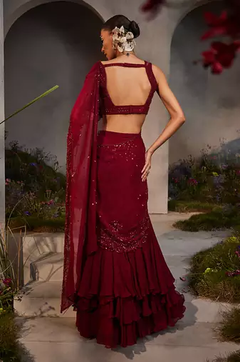 Leila maroon pre-draped lehenga saree