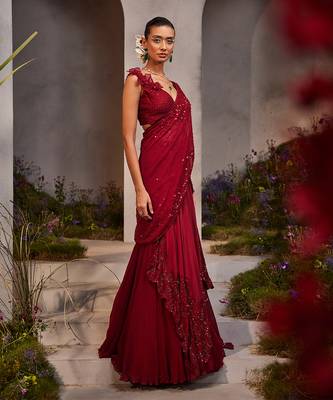 Leilani maroon pre-draped saree 1