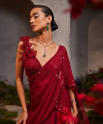 Leilani maroon pre-draped saree 2