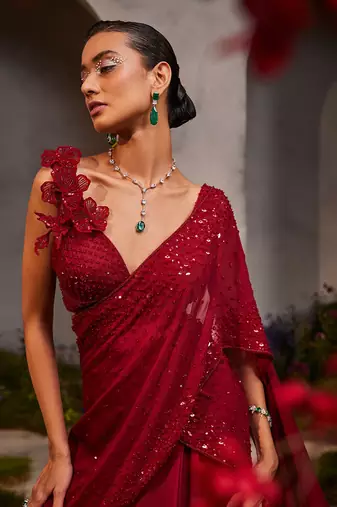Leilani maroon pre-draped saree