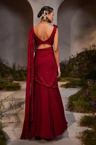 Leilani maroon pre-draped saree