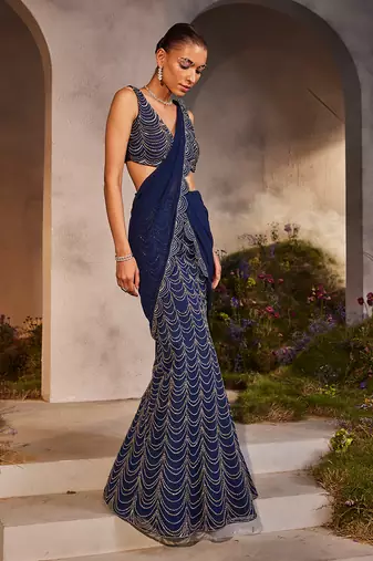 Lena electric blue pre-draped saree