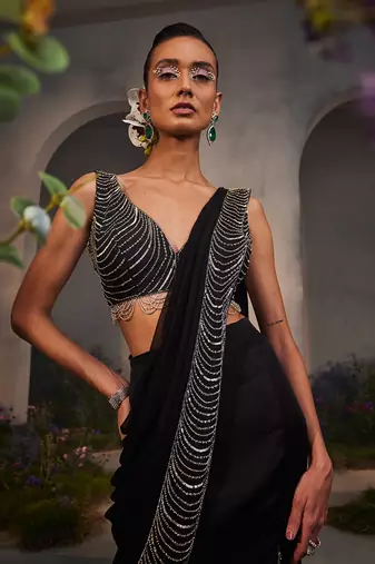 Lacey black pre-draped saree