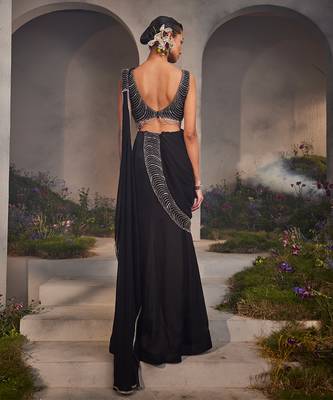 Lacey black pre-draped saree 3