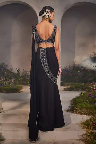 Lacey black pre-draped saree