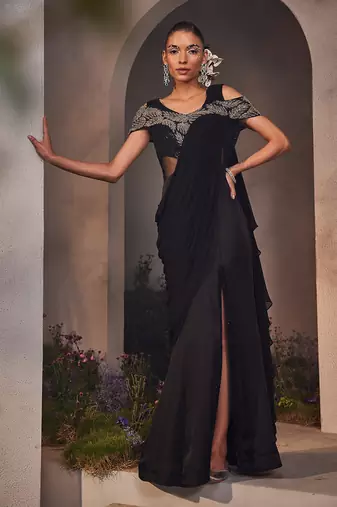 Lexie black pre-draped saree