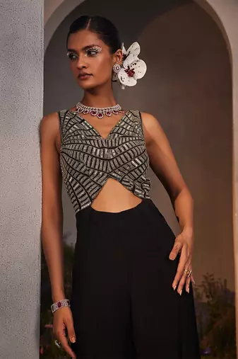 Lara black silk yoke jumpsuit