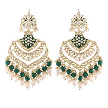 Intricately Designed Traditional Long Earrings Green Enamel Glided With Kundans & Pearls  2
