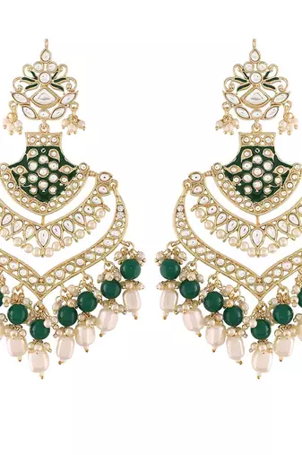 Intricately Designed Traditional Long Earrings Green Enamel Glided With Kundans & Pearls 