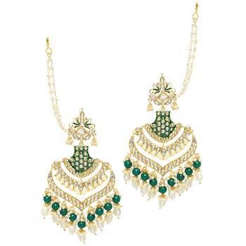 Intricately Designed Traditional Long Earrings Green Enamel Glided With Kundans & Pearls  3