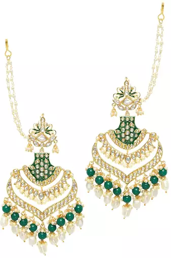 Intricately Designed Traditional Long Earrings Green Enamel Glided With Kundans & Pearls 