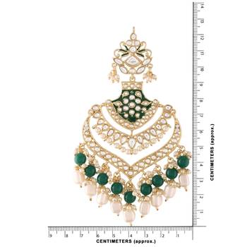 Intricately Designed Traditional Long Earrings Green Enamel Glided With Kundans & Pearls  4