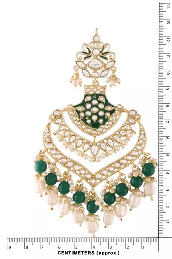 Intricately Designed Traditional Long Earrings Green Enamel Glided With Kundans & Pearls 