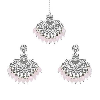 Navratri Ethnic Stylish Silver Oxidised Kundan Pearl Chandbali Earrings With Maang Tikka Set 6